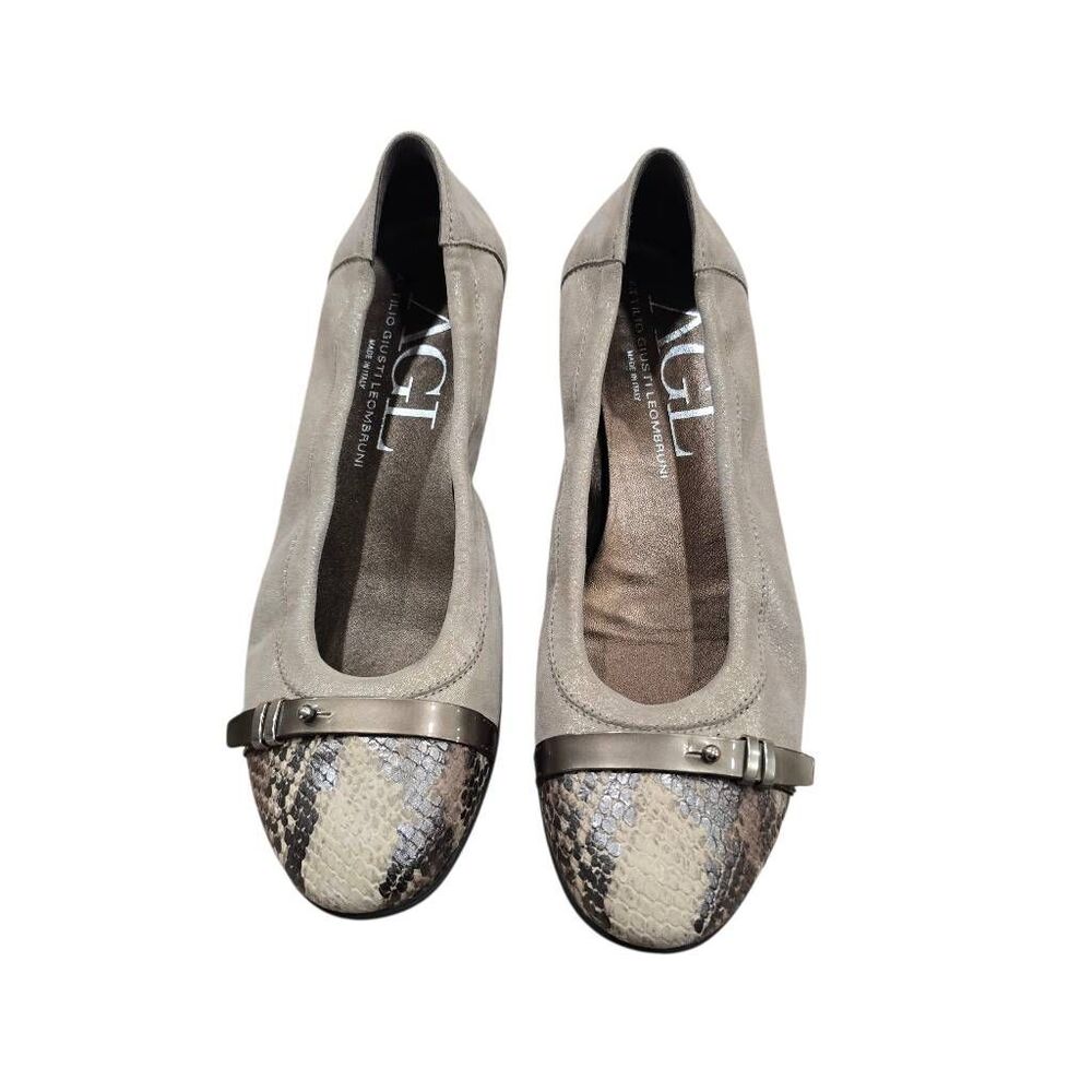 AGL Attilio Giusti Leombruni Ballets Flats Women's 8.5 Silver Snake Skin Cap Toe
